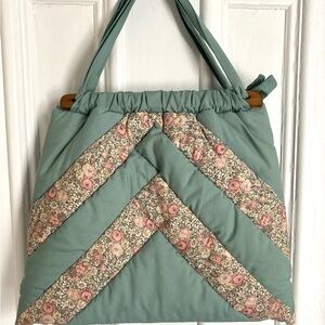 Vintage Handmade Quilted Floral Patchwork Tote Bag - Green and Pink